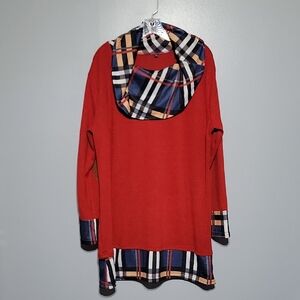Plaid Accent Red Womens Lightweight Sweater Size XXL - Cozy, Cottagecore, Fall